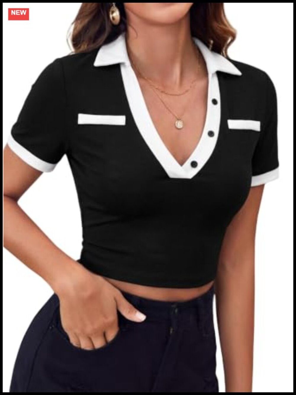 Women's Collared V Neck Crop Top Short Sleeve Slim Fit Preppy Polo Shirt